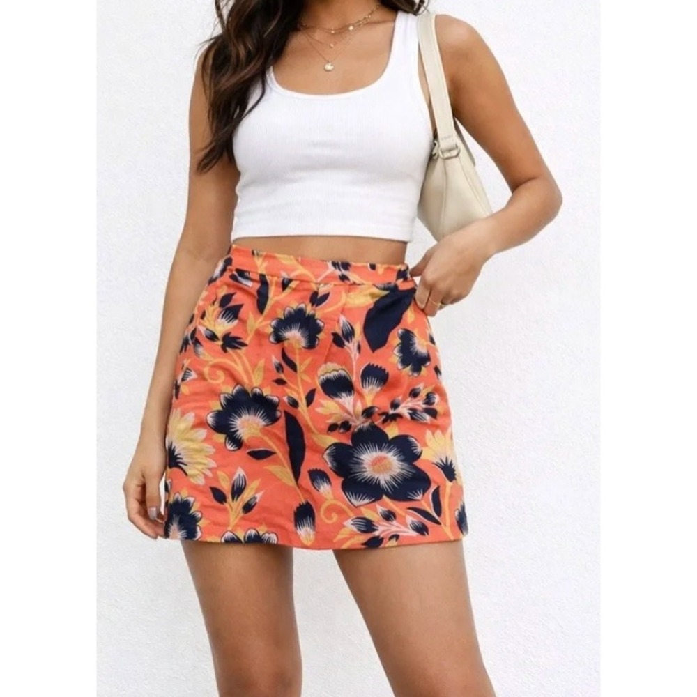 J. Crew Hibiscus Linen Cotton Floral Hawaiian Print A Line Mini Skirt Size 6